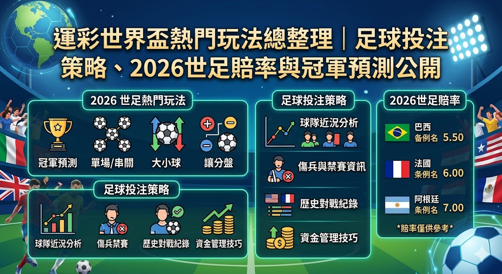 運彩世界盃熱門玩法總整理｜足球投注策略、2026世足賠率與冠軍預測公開